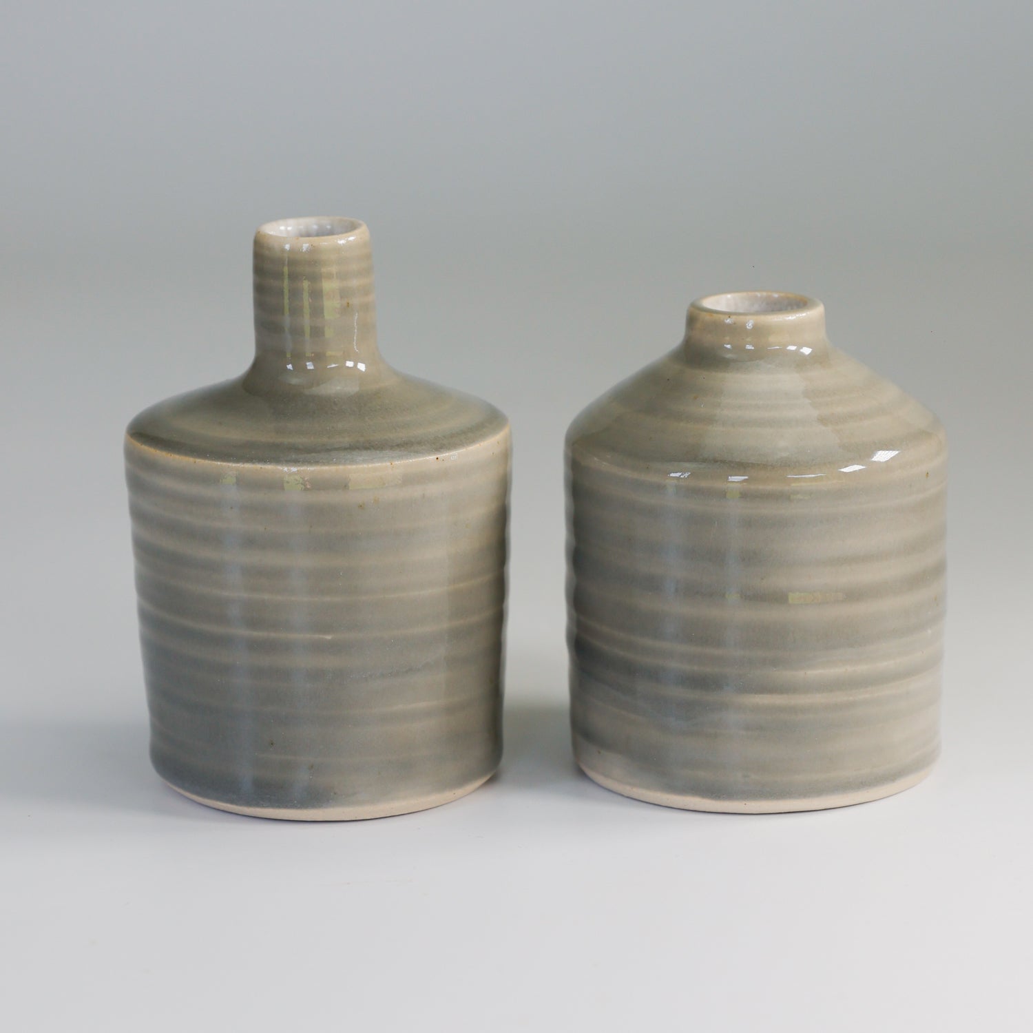 Pair of grey pottery bud vases. Handmade.