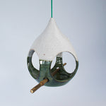 Load image into Gallery viewer, Hanging green and white ceramic bird feeder with bamboo perch 
