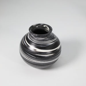 Handmade pottery mini moon jar in black glaze with white swirls