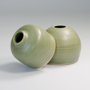 Pair of handmade pottery bud vases glazed in green