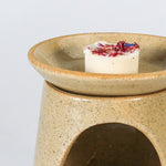 Load image into Gallery viewer, Close up of top of speckled taupe ceramic wax melt burner 
