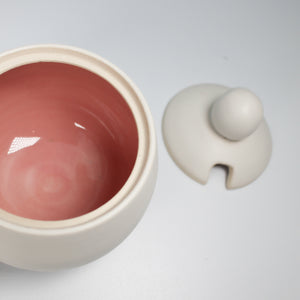 Grey speckled sugar bowl with pink gloss glazed inner